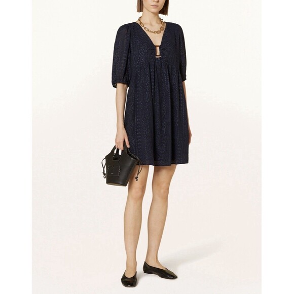 ba&sh Dresses & Skirts - Ba&sh Brancia Short Navy Dress Flared Eyelet Sz M US 6 Quiet Luxury V Neck  $345